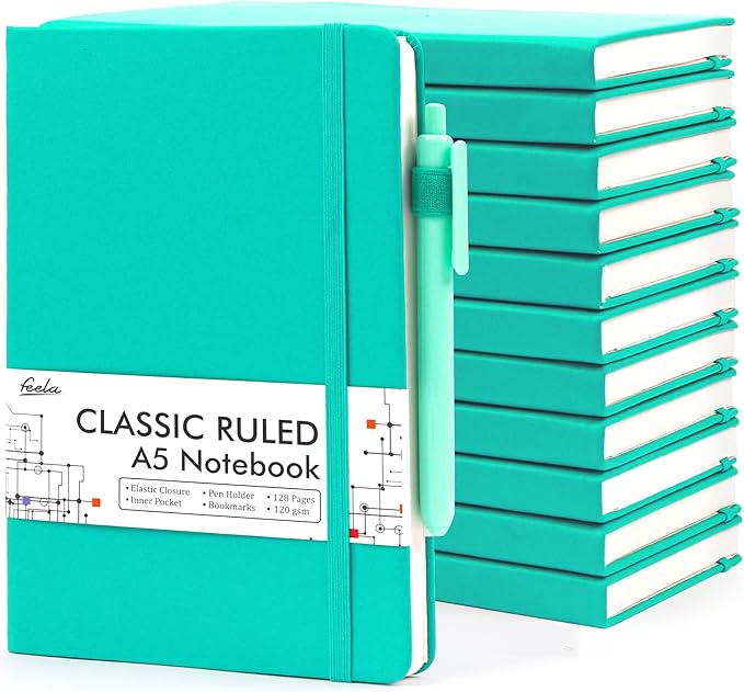 feela 12 Pack Notebooks Journals Bulk, Hardcover Notebook Classic Ruled Lined Journals with Pen Holder for Women Girls School Business Supplies, with 12 Black Pens, 120 GSM, 5.1”x8.3”, A5, Aqua-DeskLoop Office