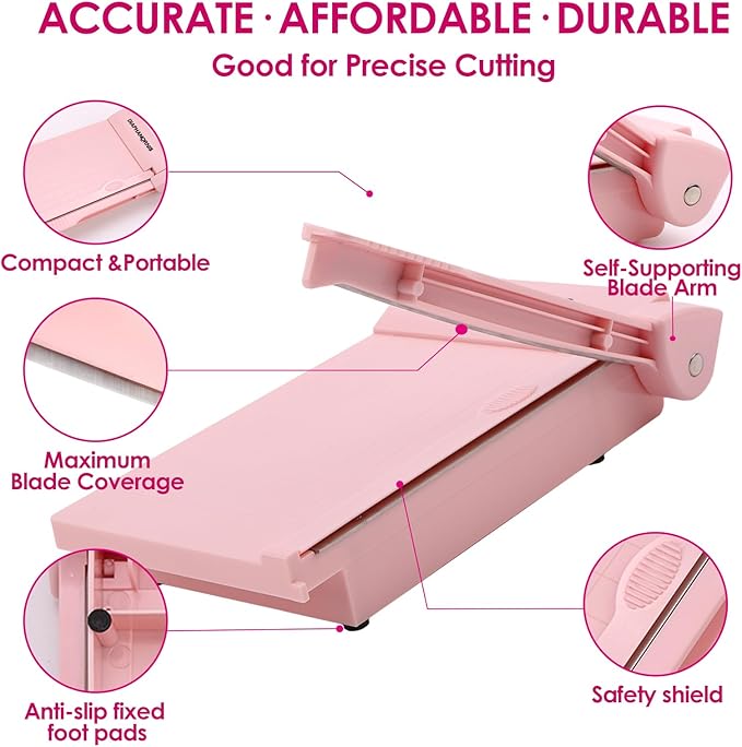 Guillotine Paper Trimmer, Mini Compact Paper Cutter, 1/4-Inch Grid for Precision Cutting, Straight Cuts Up to 3 Sheets, Perfect for Photos,Coupons,Card Making and Small Craft Projects (Pink)-DeskLoop Office