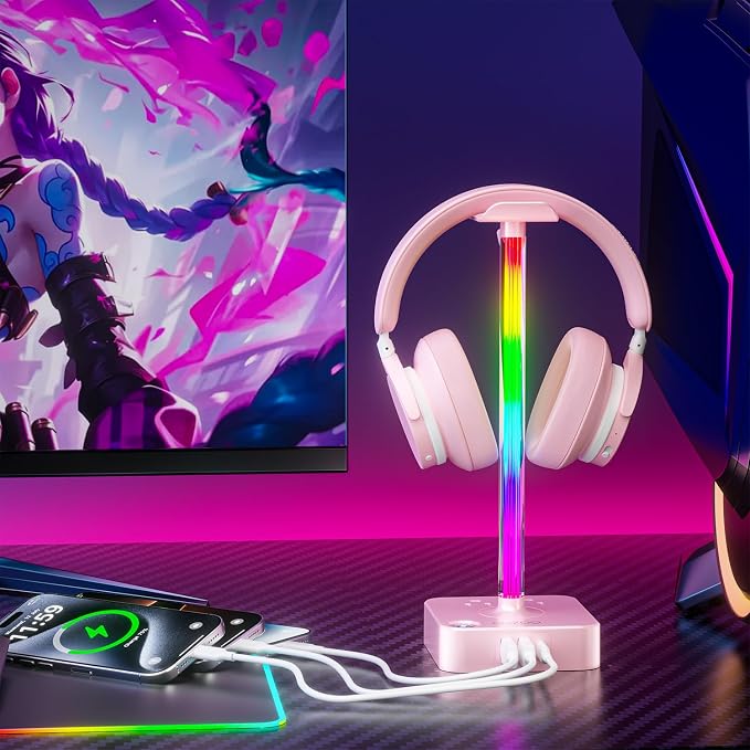 cozoo Gifts for Teen Girls Cute Pink RGB Headphone Stand & Charging Station - Image 7
