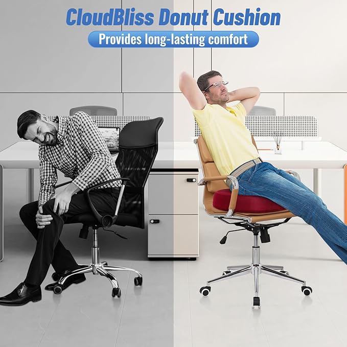 CloudBliss Donut Pillow Seat Cushion Chair Pad for Tailbone Pain Relief and Hemorrhoids, Memory Foam Seat Chair Cushion for Men and Women for Home & Office, (Red-XL)-DeskLoop Office