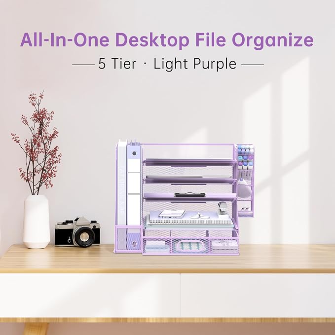 SUPEASY Desk Organizer with File Holder, 5-Tier Mesh Paper Letter Tray - Image 2