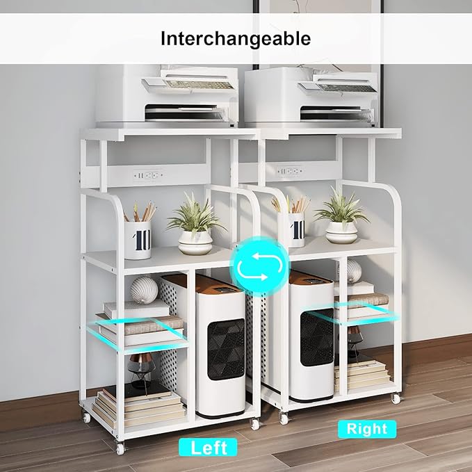VEDECASA Mobile High Printer Stand with Power Outlet Charging Plugs USB Port Office Storage Shelf Includes Computer Tower CPU Stand Holder with Wheel (White)-DeskLoop Office