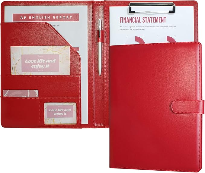 Mymazn Padfolio Clipboard Folder Portfolio, Faux Leather Storage Clipboard with Cover for Legal Pad Holder Letter Size A4 Writing Pad for Business School Office Conference Notepad Clip Boards (Red)-DeskLoop Office