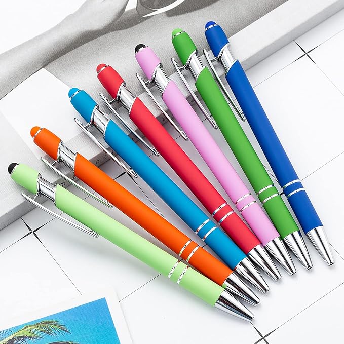 PASISIBICK 8 Pieces Ballpoint Pens with Stylus tip, 2-in-1 Stylus Retractable Ballpoint Pen, Metal Stylus Pen for Touch Screens, 1.0 mm Black Ink