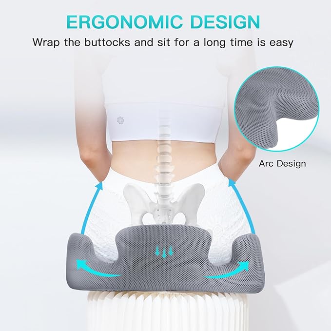 Benazcap Memory Seat Cushion for Office Chair Sciatica & Back Pain Relief Memory Foam Firm Coccyx Pad for Car, Wheelchair, Gaming Chair and Desk Chair, Gray-DeskLoop Office