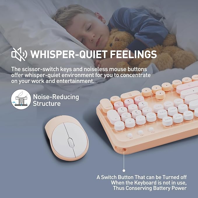 Wireless Keyboard and Mouse Combo, 105 Round Keys Full-Size Cute Colorful Pink Cordless Keyboard and Mouse with Retro Typewriter for PC/Mac/Laptop/Tablet/Computer/Windows Pink-DeskLoop Office