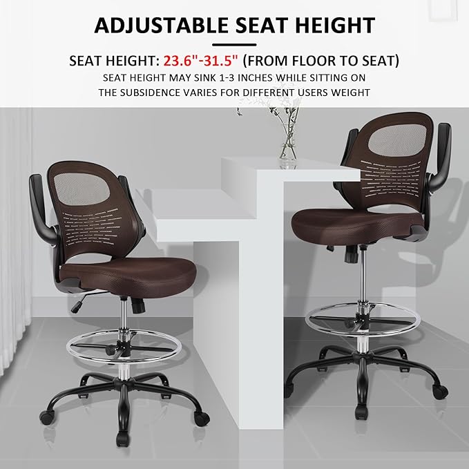 HYLONE Tall Drafting Chair Standing Desk Chair with Flip-Up Armrests, Adjustable Height Ergonomic Office Chair with Footrest Ring - High Stool Chair for Standing Desk (Brown)-DeskLoop Office