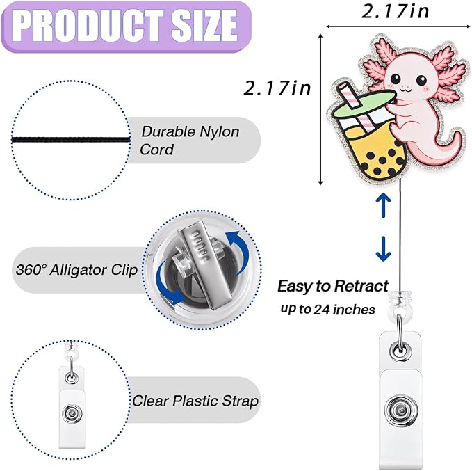 Cute Axolotl with Boba Tea Badge Reel Retractable, Funny Animal Badge Reel - Image 2