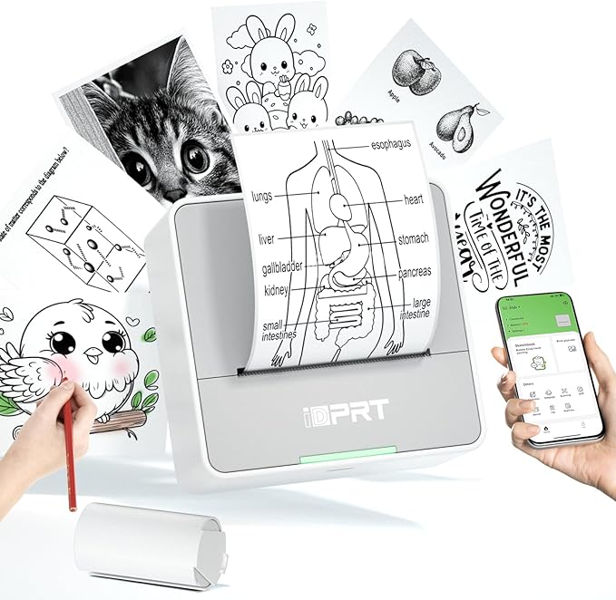iDPRT Mini Printer with 1 Roll Sticker Paper, Portable Sticker Maker Machine Efficiently and Quickly, Thermal Printer for Study Notes, Pictures, DIY, Label, Free App with Multiple Templates, Gray-DeskLoop Office