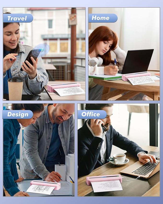 COLORWING Portable Printers Wireless for Travel, 300DPI Mini Compact Inkless Printer, Thermal Bluetooth Printer Compatible with Android and iOS Smartphone & Tablet & Laptop - Pink-DeskLoop Office