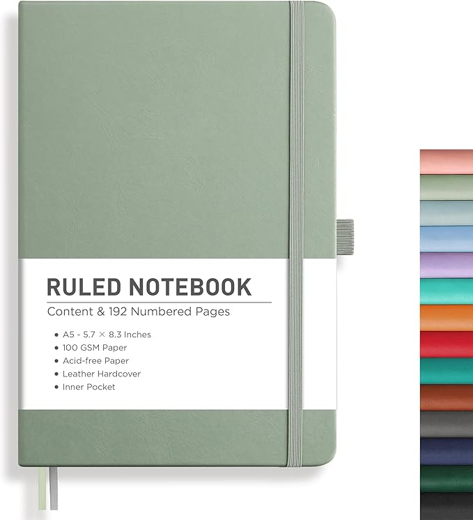 RETTACY Lined Journal Notebook, 192 Numbered Pages, A5 Medium Size (5.7'' x 8.3''), for Men & Women, Journaling, Writing, Work & Office, Leather Hardcover, 100 GSM Thick Paper (Sage Green)-DeskLoop Office