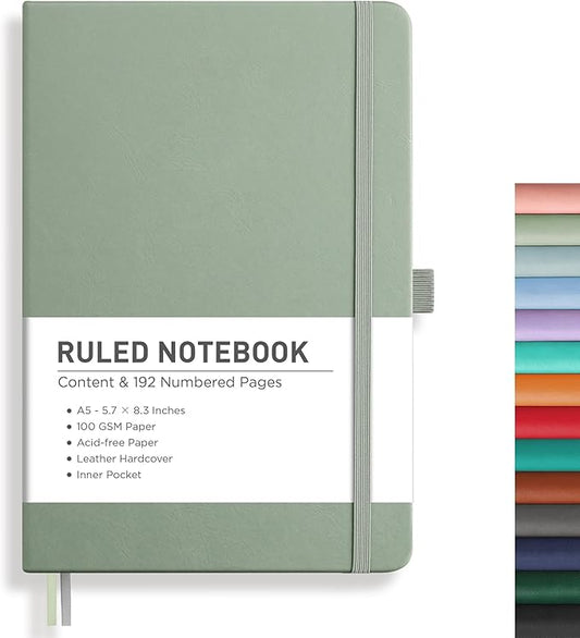 RETTACY Lined Journal Notebook, 192 Numbered Pages, A5 Medium Size (5.7'' x 8.3''), for Men & Women, Journaling, Writing, Work & Office, Leather Hardcover, 100 GSM Thick Paper (Sage Green)-DeskLoop Office