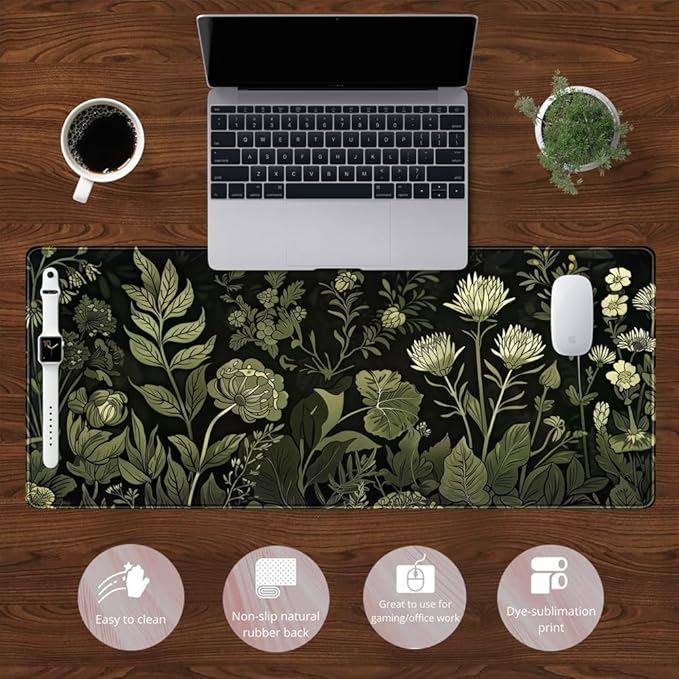 Sage Green Floral Black Plant Desk Pad Retro Aesthetics Mouse Pad Large Gaming Mouse Mat for Office Computer Keyboard Laptop Home with Stitched Edges,Non-Slip Base 31.5 X 11.8 in-DeskLoop Office