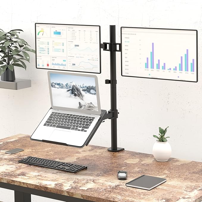 WALI Dual Monitor Stand, Laptop and Monitor Stand for 2 Screen 1 Laptop Notebook, Extra Tall Desk Mount for Monitor up to 27 inch, Notebook up to 17 inch (M002XLLP), Black-DeskLoop Office