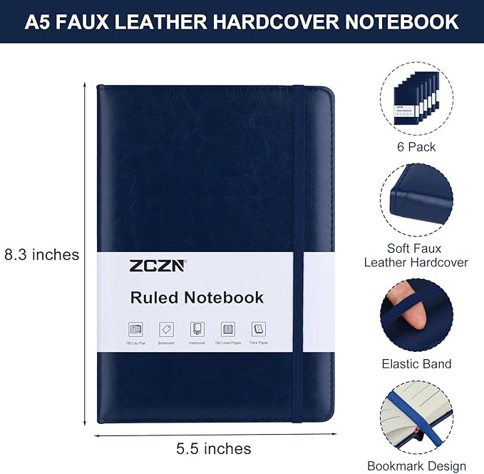 ZCZN 6 Pack Lined Journal Notebooks, 192 Pages A5 Hardcover Leather Journals for Work,Writing,School & Travel, College Ruled Journaling Notebooks for Notes Taking,Diary Notepad (Blue*6)-DeskLoop Office