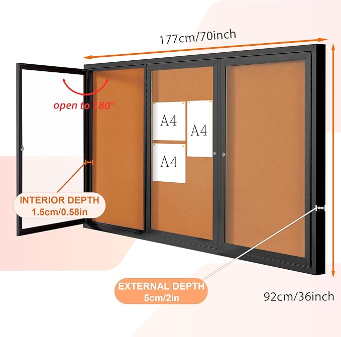 Enclosed Bulletin Board Outdoor Noticeboard with Locking Door, Weather-Resistant, Cork, Black Aluminum Frame, 70 x 36 in-DeskLoop Office