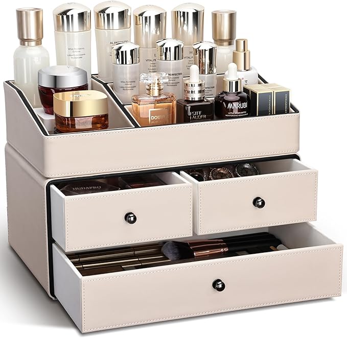 KINGFOM Leather Makeup Organizer with 3 Drawers, 2 Tier Cosmetic Storage Organizer for vanity Dresser Countertop and Bathroom Vanity, Beauty Holder for Lipstick Brush Skincare (Beige)-DeskLoop Office