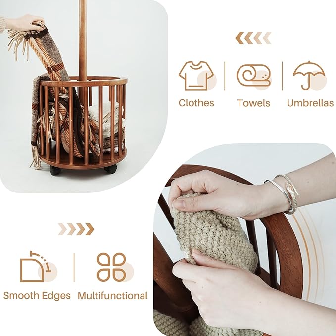 Uniclinens Solid Wood Coat Rack Freestanding with Umbrella Holder, Tree Coat Rack Stand with Lockable Universal Casters & 12 Hooks for Entryway Bedroom, Walnut-DeskLoop Office