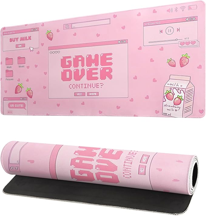 Pink Gaming Mouse Pad 27.6x11.8 Inch Pastel Game Over Large Mousepad Kawaii by Siski