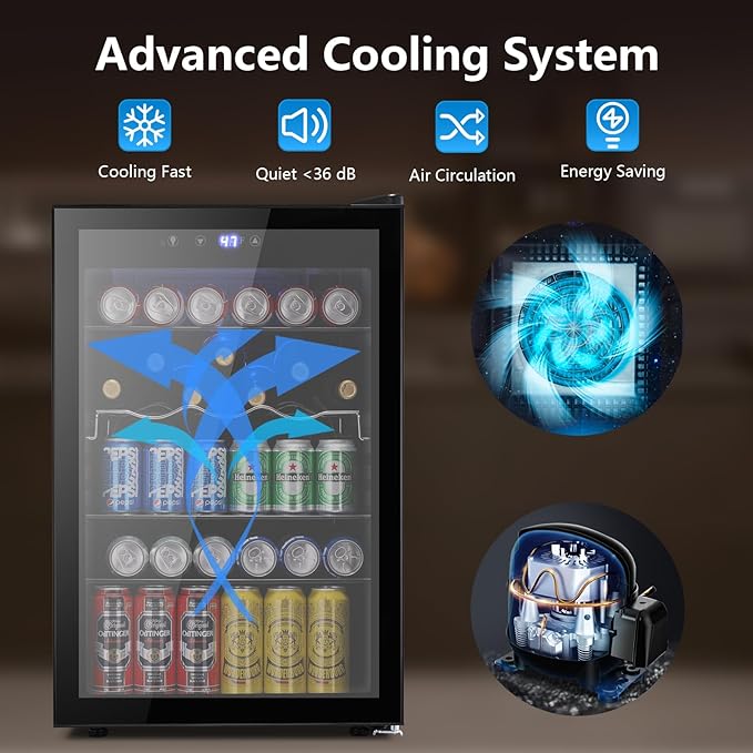 37 Bottle Wine Fridge,Freestanding 145 Can Beverage Refrigerator with Smart Temperature Control，4.5 CU FT Quiet Mini Fridge with Child Lock Panel for Family Restaurant Bar, Black-DeskLoop Office