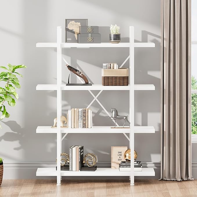HSH 4 Tier White Bookshelf, Modern 4 Shelf Etagere Bookcase, Industrial Wood and Metal Storage Shelves and Display Book Rack, Farmhouse Open Wide Book Shelf for Bedroom Living Room Office, White Oak-DeskLoop Office