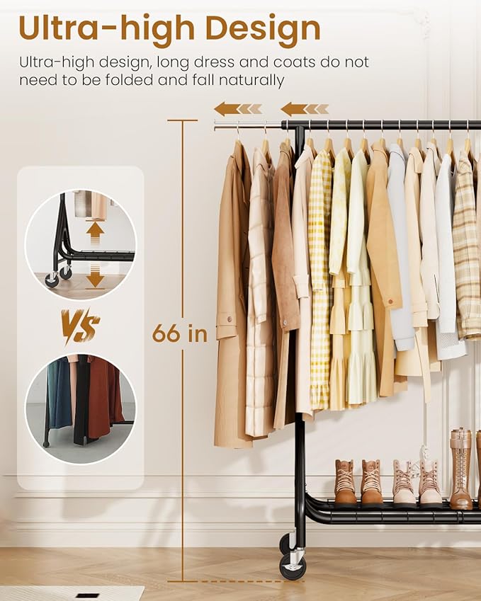 Heavy Duty Clothes Rack, Metal Clothing Rack Load 450 LBS, Rolling Coat Racks for Hanging Clothes with Lockable Wheels, Wardrobe Closet Garment Racks for Bedroom, Black-DeskLoop Office