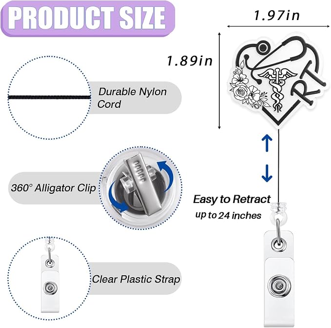Elegant RT Badge Reel Retractable, Cute Respiratory Therapist Acrylic Badge Reel - Image 2