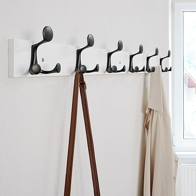 SKOLOO 39-Inch White Wood Coat Rack Wall Mount with 6 Triple Hooks - Ideal for Family Entrances, Classrooms, and Pet Supplies Storage - Perfect Coat Hooks for Wall, Pack of 2-DeskLoop Office