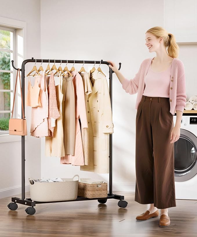 Homde Heavy Duty Clothes Rack: 120lb Standing Garment Storage for Indoor - Rolling Hanging Rod for Bedroom Laundry Room - Coat Dress Organizer on Wheels with luggage shelf (Black，32")-DeskLoop Office