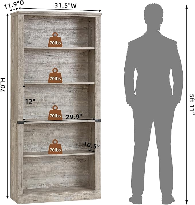 RWYHG 70" Grey Tall Bookshelf Set of 4, 5-Tier Thick Wooden Book Shelf - Image 3