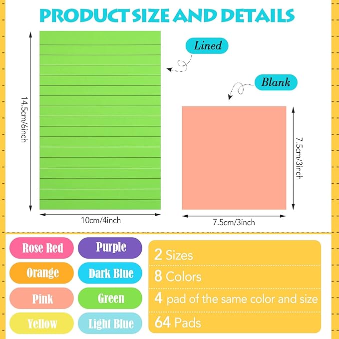 Yexiya 64 Pcs Lined Sticky Notes Self Stick Notes with Lines Bright Assorted Colors Sticky Pad for Home Office Products Post Memos, 1920 Sheets(4 x 6 Inch, 3 x 3 Inch,Stylish Color)-DeskLoop Office