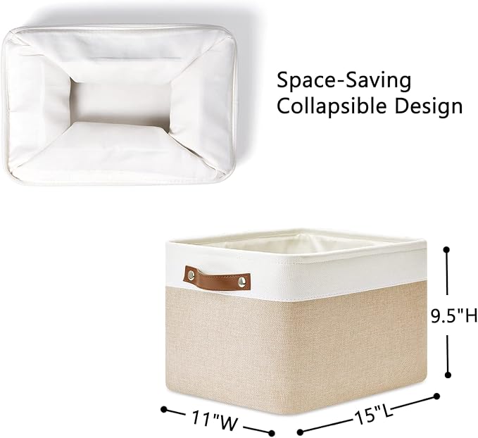 DULLEMELO Fabric Storage Bins for Laundry, Home, Foldable Storage Baskets for Shelves, Toys, Collapsible Storage Bins for Office, Closet,Bedroom(White&Khaki,15"x11"x9.5",4-Pack)-DeskLoop Office