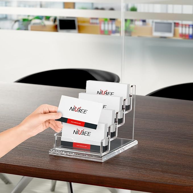 NIUBEE Clear Business Cards Holders 4 Tier Acrylic Card Holder for Business Cards, 4 Slots Business Card Display for Desk Counter, 300 Card Capacity, 1 Pack-DeskLoop Office