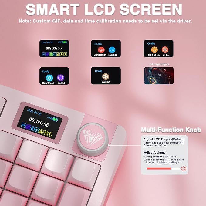 AULA S98 Pro Wireless Mechanical Keyboard with Screen & Knob,2.4GHz/USB-C/BT5.0 Hot Swappable Pink Creamy Keyboard,Pre-lubed Linear Switches,Side Printed PBT Keycaps,RGB Backlit Gaming Keyboards-DeskLoop Office