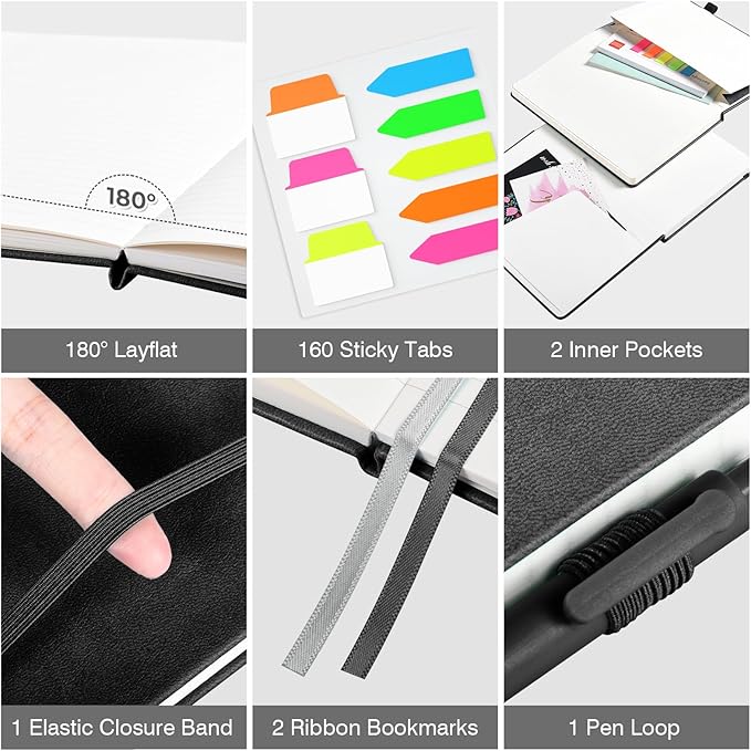 OMEYA Lined Journal Notebook, 3 Pack A5 College Ruled Notebooks for Work, Hardcover Notebook Each with 2 Pockets & Pen, Leather Journal for Women, Men, 160 Pages, 100GSM Thick Paper (Black)-DeskLoop Office