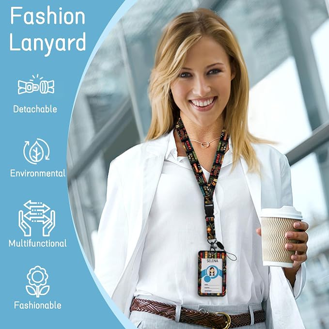 Floral Bookshelf Lanyards for ID Badges, Badge Holder - Image 2