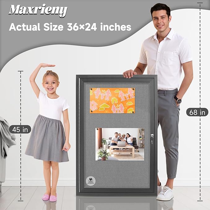 Outdoor Weatherproof Enclosed Fabric Bulletin Board,Noticeboard Case with Lockable Glass Door, Grey Felt,Black Aluminum Frame, 36x24 Inch (5xA4)-DeskLoop Office