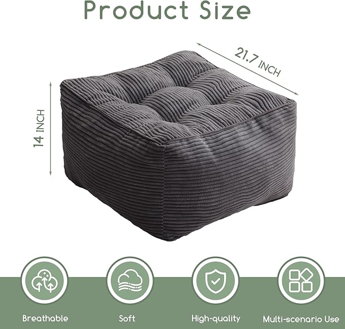 HIGOGOGO Square Stuffed Pouf Ottoman, Corduroy Poufs with Foam Chunk Filling, Furry and Fluffy Pouf Foot Stool Storage Ottoman, 21 X 21 Floor Poufs Foot Rest for Living Room, Dark Grey-DeskLoop Office