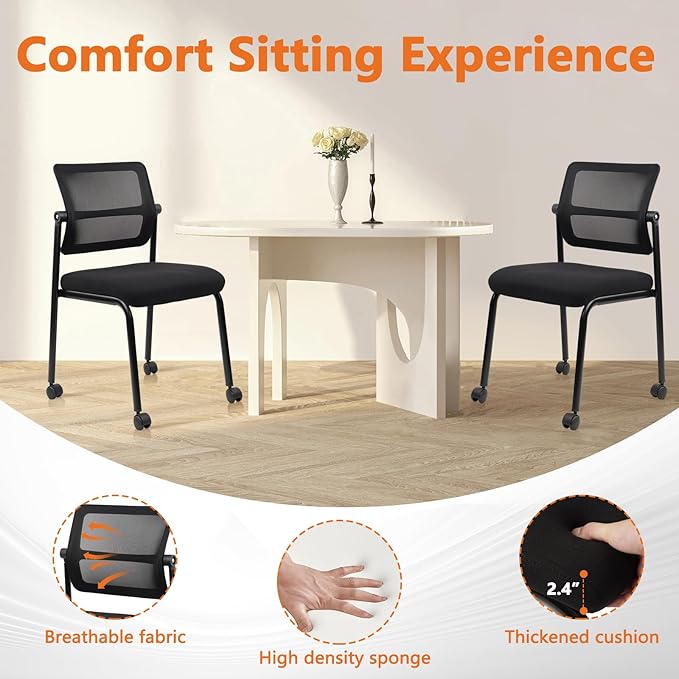 CLATINA Stacking Armless Office Waiting Room Chair with Wheels, Stackable Mesh Guest Reception Desk Chairs with Adjustable Backrest for Conference Lobby Side School, Black, 4 Pack-DeskLoop Office
