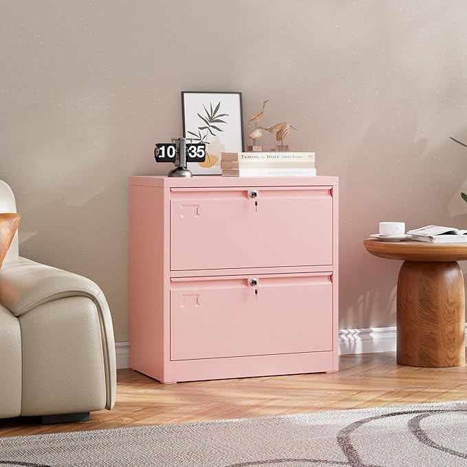 Metal 2 Drawer Lateral File Cabinet with 2 Lock - Wide Filing Cabinet for Letter/Legal/F4/A4 Hanging Files - Includes Business Card Holder,Home Office School Storage,Pink-DeskLoop Office