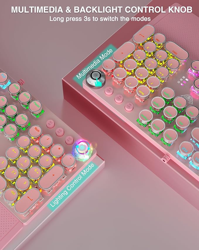 AULA F2088 Typewriter Style Mechanical Gaming Keyboard,Rainbow LED Backlit,Removable Wrist Rest,Media Control Knob,Retro Punk Round Keycaps,USB Wired Computer Keyboard,Pink-DeskLoop Office
