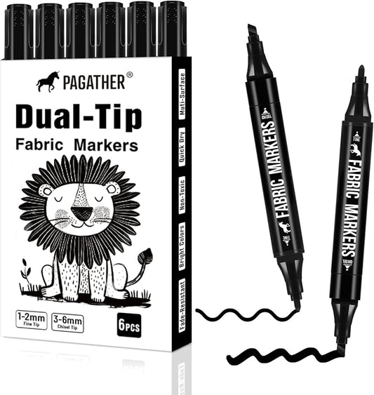 Fabric Markers Permanent for Clothes, 6 Pack Black Dual Tip by Pagather