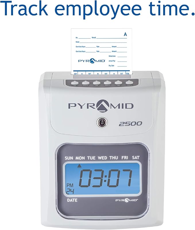 Pyramid Time Systems - Model 2500 Auto Aligning and Top Loading Time Clock [2500K1] Bundle Includes: Time Clock, 100 Time Cards, 2 Ink Ribbon cartridges, one 10 slot time card rack and 2 Security Keys-DeskLoop Office
