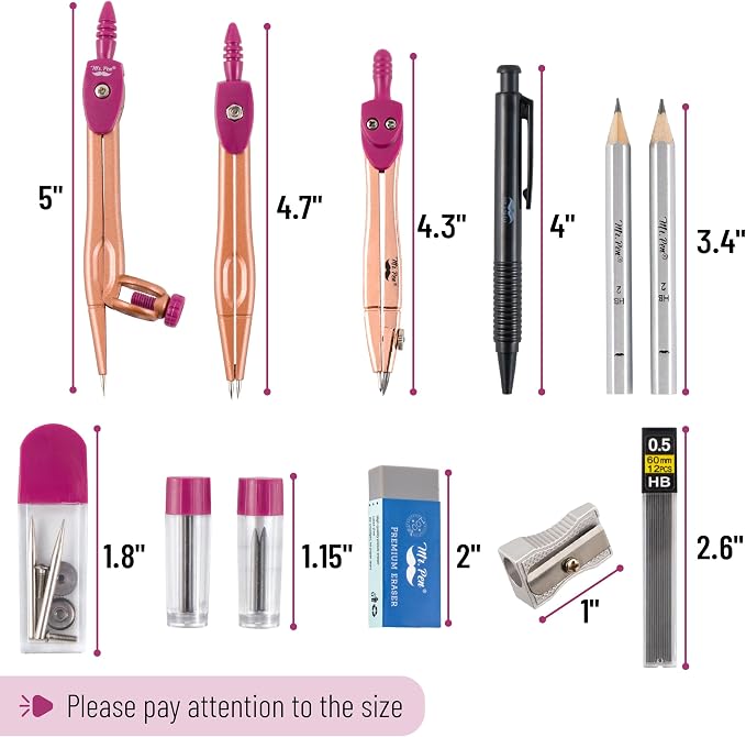 Mr. Pen- Geometry Set, Rose Gold & Pink | 6 Inch Swing Arm Protractor, Set - Image 3