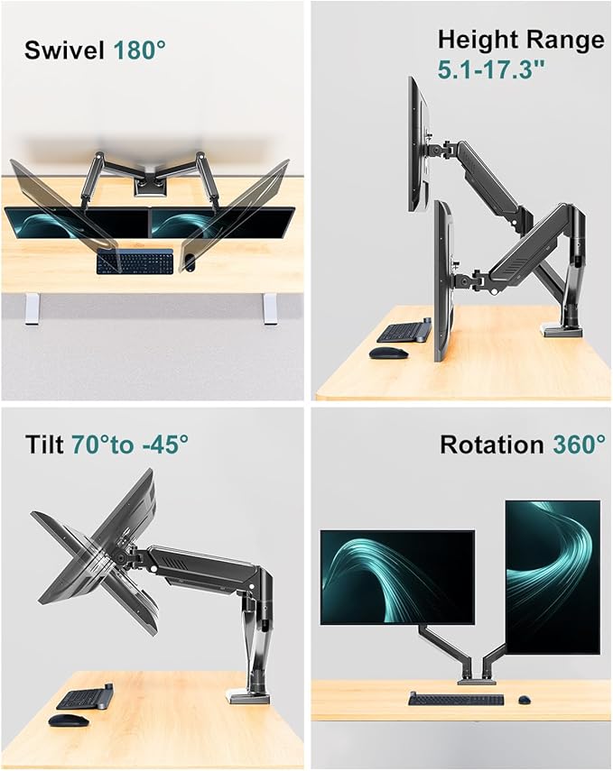 Dual Monitor Desk Mount - Adjustable Monitor Arm for 2 Monitors up to 32 inches/19.8 lbs, Double Monitor Desk Stand VESA Bracket with C-Clamp & Grommet Mounting, Swivel Computer Screen Mount, Freelift-DeskLoop Office