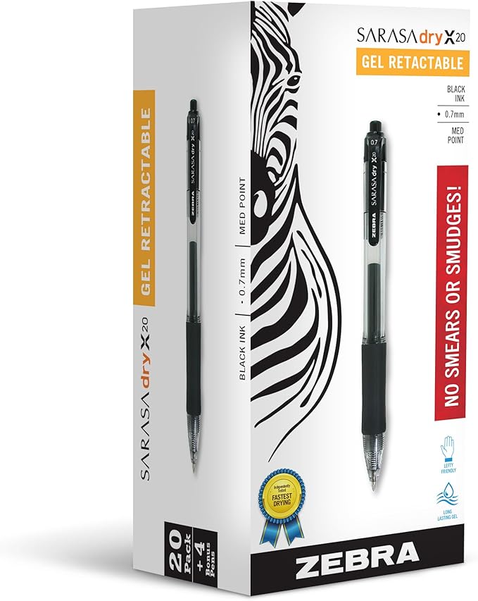 Zebra Pen Sarasa Dry X20 Retractable Gel Pens, 0.7mm Medium Point, Eliminates by ZebraPen