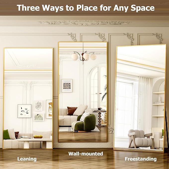 GLSLAND-38 x 77" Rectangular Full Length Mirror - Large Floor Mirrors Aluminum Alloy Frame Full Body Dressing Mirror for Bedroom, Living Room,Gold-DeskLoop Office