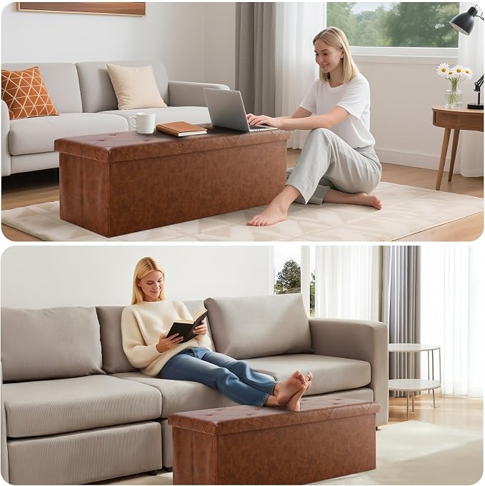 DUMOS Foldable Storage Ottoman Bench 43in, Foot Rest Stool, Synthetic Leather - Image 4
