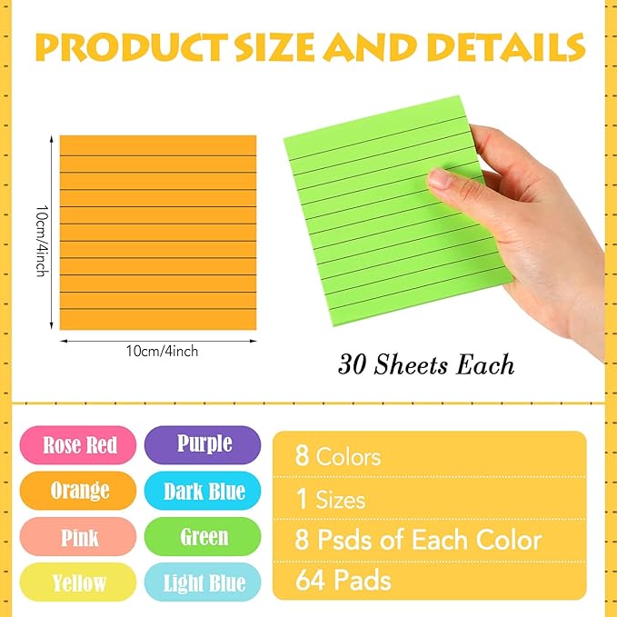Yexiya 64 Pcs Lined Sticky Notes Self Stick Notes with Lines Bright Assorted Colors Sticky Pad for Home Office Products Post Memos, 1920 Sheets(4 x 4 Inch,Chic Color)-DeskLoop Office