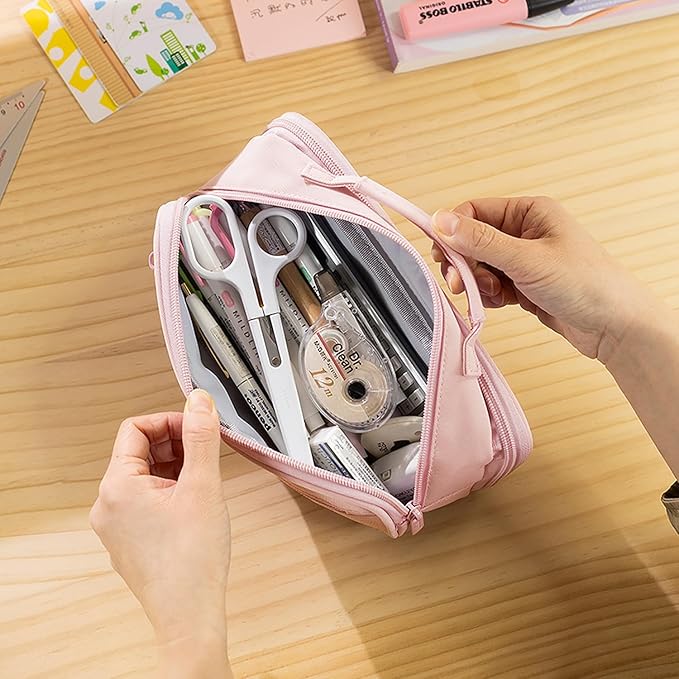MAMUNU Pencil Case Large Capacity with 3 Compartments, Pencil Case Pouch Bag with Zipper Handle Portable Pen Stationery Organizer for Teen Girls Adults College School Office Travel, Pink-DeskLoop Office